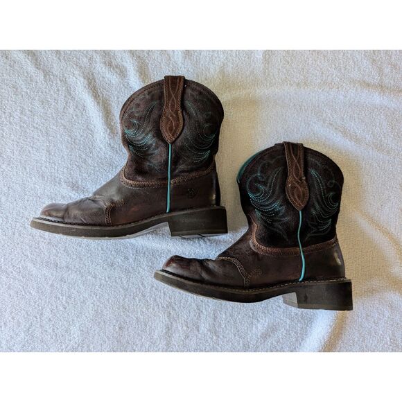 Ariat Women Western Boots Brown Turquoise Stitching Leather Round Toe - Picture 14 of 15